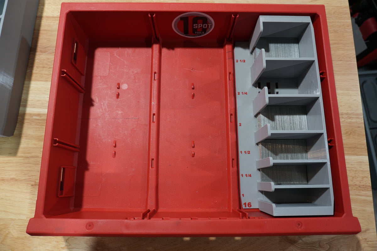 16ga Straight Finish Nail Caddy for Milwaukee PACKOUT Standard and Deep Drawers