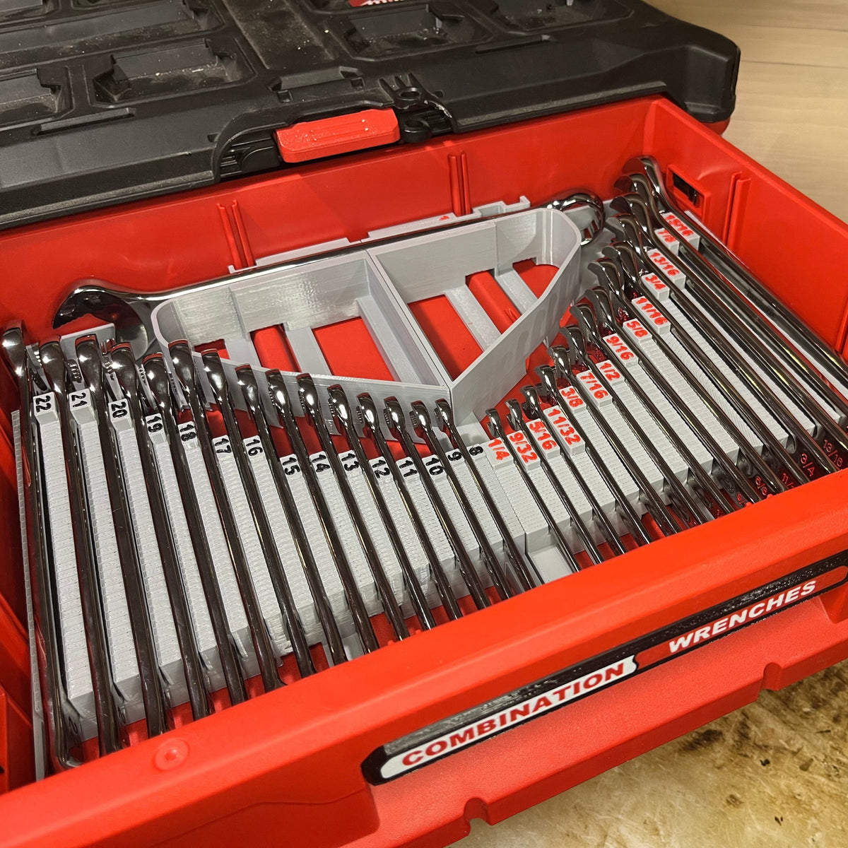 Combination wrench inserts in a Milwaukee PACKOUT drawer
